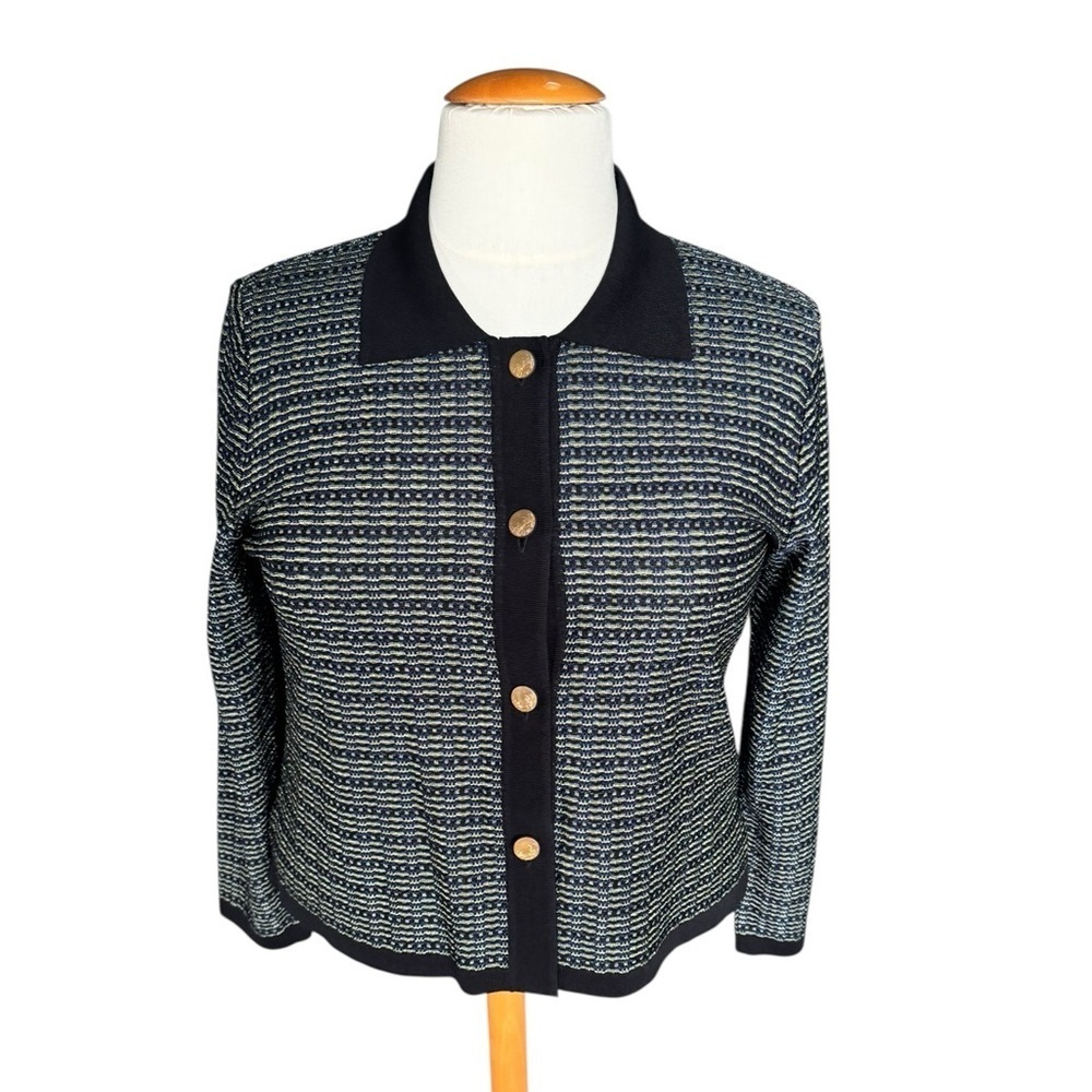Misook Petite XL Button Front Knit Cardigan Navy Gold Metallic Classic C193